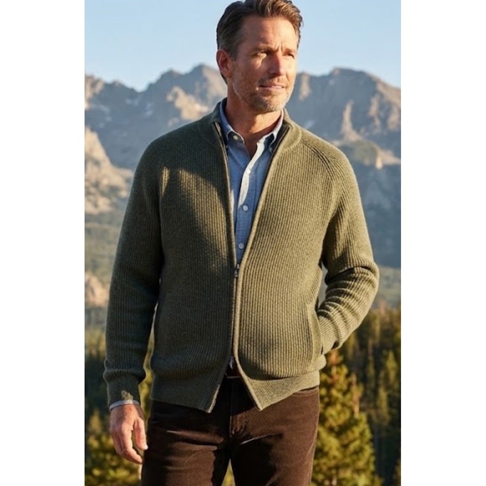 Peter Millar Crown Cane Crescent Full Zip Wool Yak Cashmere Sweater Green XL